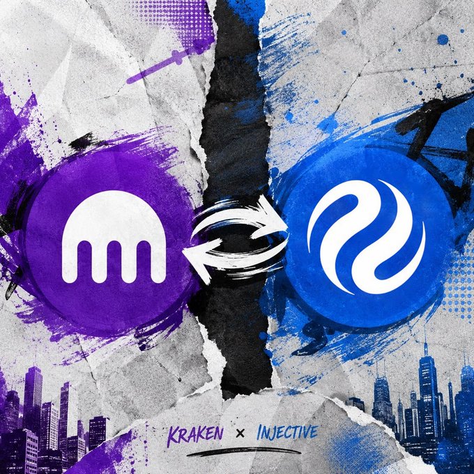 A stylized promotional graphic featuring two cryptocurrency logos (purple Kraken icon and blue Injective icon) connected by arrows against a torn paper background with city skylines, labeled 'KRAKEN x INJECTIVE'.