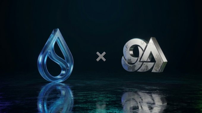 A promotional graphic showing the blue Sui logo next to a silver '9L' logo with an 'x' between them, indicating a collaboration or partnership against a dark background.