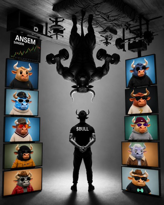 A crypto-themed artwork showing a muscular figure with a bull head inverted overhead lifting dumbbells above a man wearing a '$BULL' shirt, surrounded by screens displaying various bull characters and an 'ANSEM $ANSEM' chart.