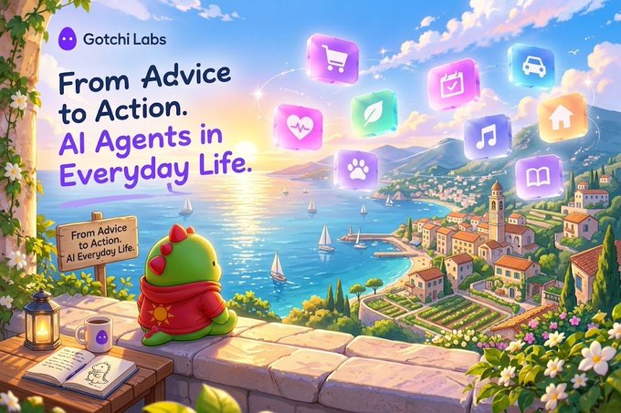 A promotional graphic for 'Gotchi Labs' titled 'From Advice to Action. AI Agents in Everyday Life,' featuring a green creature overlooking a coastal village with floating app icons.