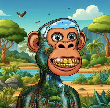 AI-generated image of a blue, semi-translucent ape-like character with a wide grinning face, set against a lush jungle landscape with trees, birds, and a blue sky.