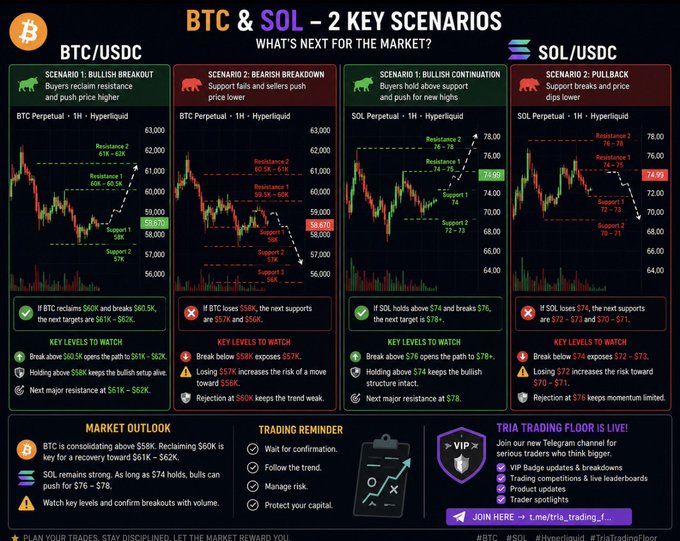 A trading analysis chart titled 'BTC & SOL – 2 KEY SCENARIOS' showing bullish and bearish scenarios with support/resistance levels and Tria Trading Floor branding.