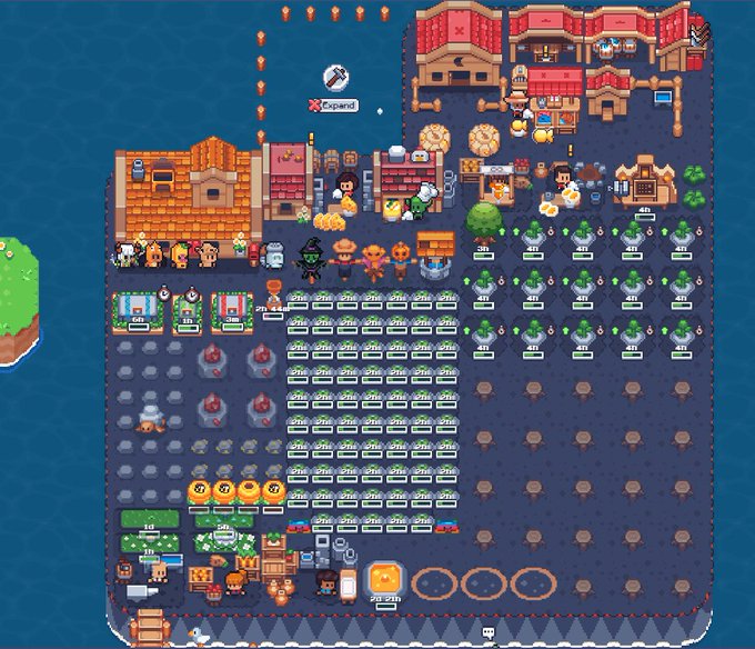 A pixel art scene of a farming simulation game showing a developed island with various crops, buildings, animals, and characters including zombies, set against an ocean background.