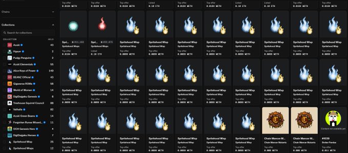 A screenshot of an NFT collection gallery on the SEI blockchain, dominated by 'Spiritbound Wisps' (#1112) with 44.19K owners, showing multiple flame-like tokens in a grid layout.