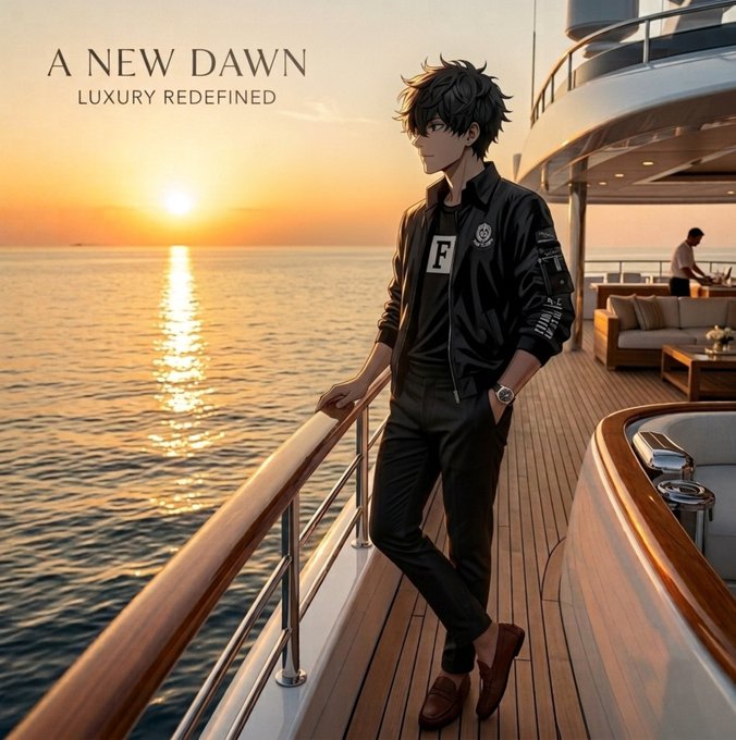 A stylish anime-style character stands on the deck of a luxury yacht at sunset, accompanied by the text "A NEW DAWN - LUXURY REDEFINED." The image evokes a sense of optimism and a fresh start, aligning with the post's message about $RIVER's potential for a new bullish dawn despite not yet confirming a reversal.