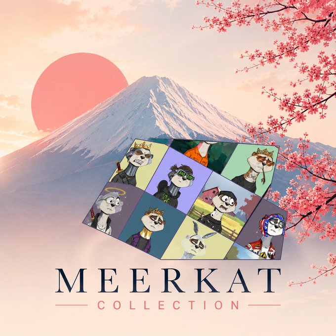 The image features an advertisement for the Meerkat Collection, which includes a large meerkat cartoon with a pink background and white snow covering the mountain. The text "gm do you still gm" is written above the meerkat, while the phrase "speaking of culture; what are your thoughts on the nft community particularly the meerkat collection tied to @timesoulcom i think they're a rather fun collection but cost about 0.12 ETH (~200)". The image also includes a pink background with a sunset and cherry blossoms, which adds to the overall visual appeal of the advertisement.