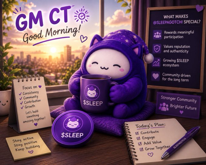The image features a cute purple stuffed animal wearing a sleep hat sitting next to a coffee cup with a cat design, both of which are placed on a table. The background shows a city skyline at sunset, creating an atmosphere that complements the theme of the project. The caption reads "Good morning CT Another day, another step forward with @Sleepagotchi", indicating the connection between the image and the project's name.
