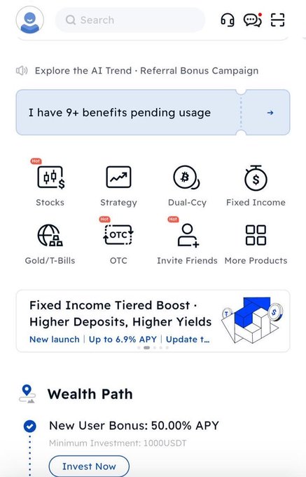 The image shows a mobile dashboard for BIT, a crypto and investment platform, featuring quick-access tiles for Stocks, Strategy, Dual-Ccy, Fixed Income, Gold/T-Bills, OTC, and Invite Friends, along with a banner noting "Fixed Income Tiered Boost · Higher Deposits, Higher Yields" and a Wealth Path offering "New User Bonus: 50.00% APY" with a 1,000 USDT minimum.

The dashboard visually reinforces the post's pitch by highlighting BIT's ability to bridge crypto deposits (USDT) with US stock trading, as evidenced by the prominent "Stocks" tile, "Dual-Ccy" option, and the new-user bonus promotion directly tied to making an investment.