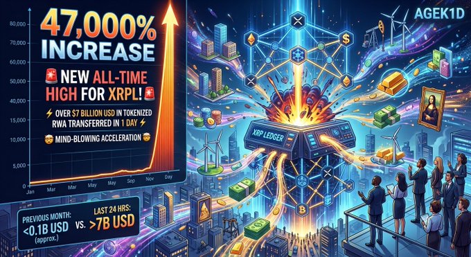 A promotional graphic by AGEK1D claiming a "47,000% INCREASE" and "NEW ALL-TIME HIGH FOR XRPL!," noting over "$7 BILLION USD IN TOKENIZED RWA TRANSFERRED IN 1 DAY."