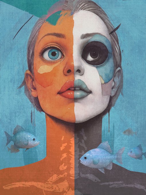 A surreal digital painting of a woman's face split vertically: the left side is warm-toned with a blue eye, while the right side is cold-toned with a large black eye, accompanied by fish swimming in a watery background.