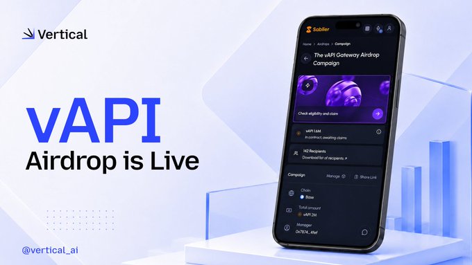 A promotional graphic for Vertical announcing that the "VAPI Airdrop is Live," featuring a smartphone displaying the Sablier interface with the "vAPI Gateway Airdrop Campaign" page, where users can check eligibility and claim their allocation of 1.6M vAPI tokens. The image visually reinforces the post's announcement by showing the live airdrop campaign in the Sablier app for $VERTAI stakers.