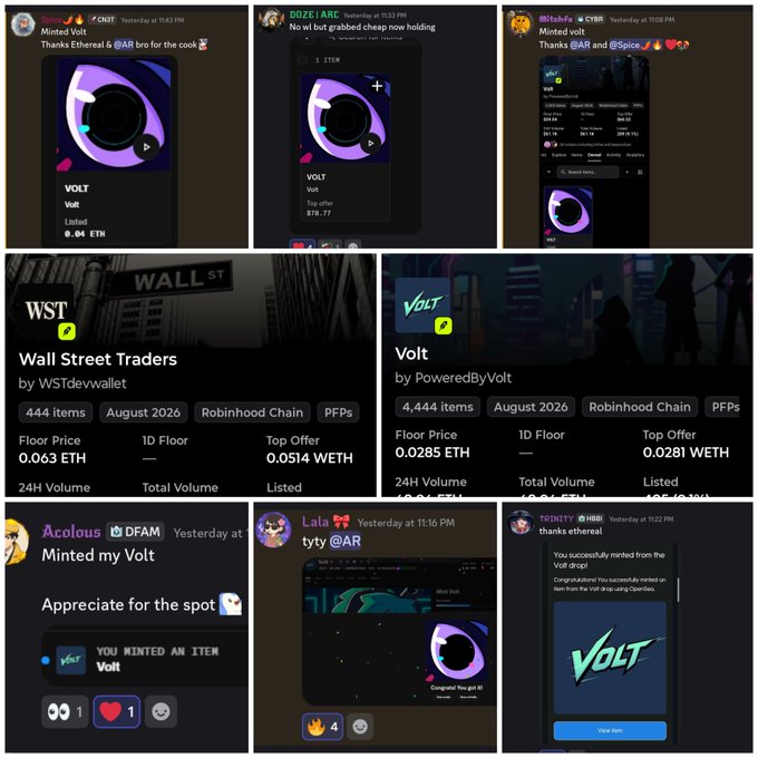 The image is a collage of Discord screenshots and NFT collection cards showcasing recent "Volt" mints from PoweredByVolt, along with the "Wall Street Traders" collection (444 items, 0.063 ETH floor price), priced at 0.04-0.0514 ETH on Robinhood Chain. The screenshots support the post's celebration of active NFT mints ("cooking") across multiple collections including Ethereal web3.