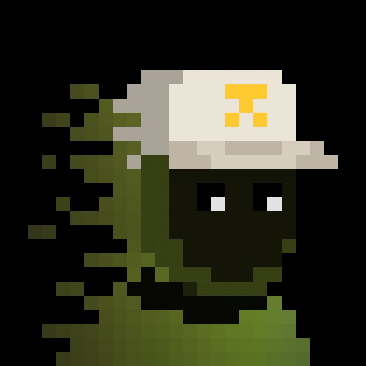 A pixel-art character with a dark face, wearing a light-colored cap with a yellow symbol and a green body, set against a black background.