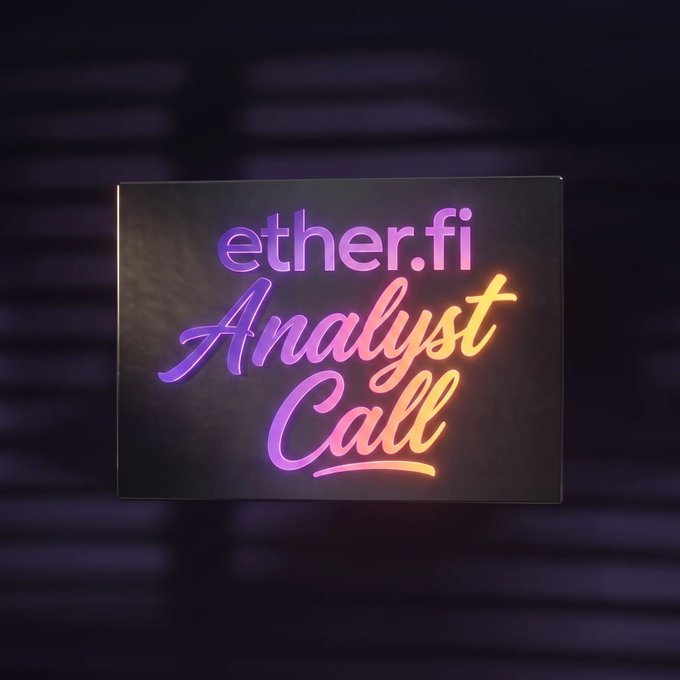 A neon-lit graphic with purple and orange glowing text reads "ether.fi Analyst Call" against a dark, blurred background, serving as a promotional visual for the upcoming EtherFi Summer analyst call featuring Mike Silagadze, KoppKnows, and guest Joe Chalom from Sharplink on July 30 at 10am EST.