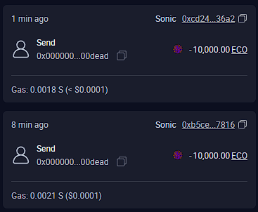 A dark-themed cryptocurrency transaction history showing two 'Send' transactions from addresses including '0xcd24...36a2' and '0xb5ce...7816', each for -10,000.00 ECO, with gas fees of $0.0001.