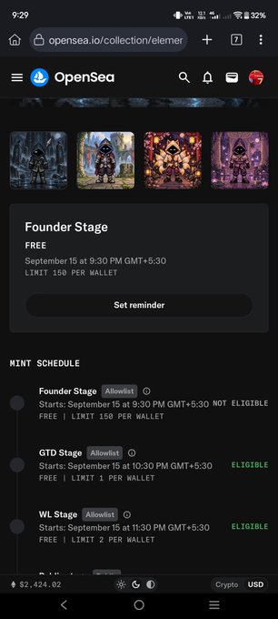 A mobile screenshot of an OpenSea NFT collection page showing mint schedules for Founder, GTD, and WL stages starting September 15.