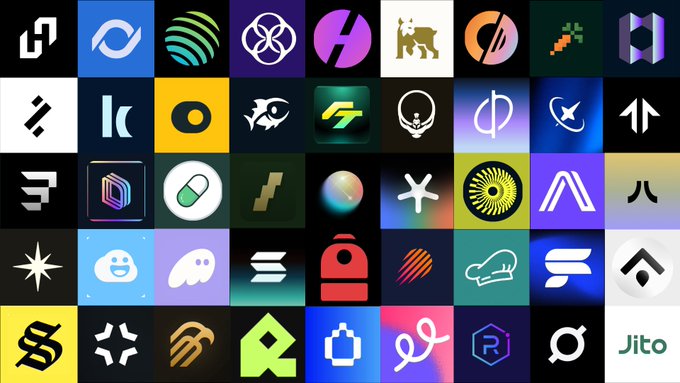 A grid collage displaying various cryptocurrency project logos including what appears to be Jito, Render, and others in colorful square tiles.