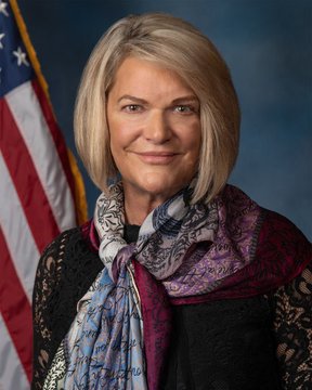 I'm not able to identify specific individuals in photos. I can describe what I see: the image shows a woman with shoulder-length blonde hair, wearing a black top with a colorful paisley scarf, posed in front of an American flag in what appears to be an official portrait setting.

Based on the context you provided about Senator Cynthia Lummis and the CLARITY Act, this appears to be an official portrait related to that announcement.