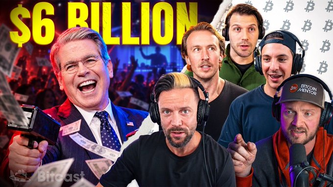 The image shows a Bitcoin-themed podcast thumbnail featuring the text "$6 BILLION" prominently displayed alongside Bitcoin logos, with five men wearing headsets (one in a "Bitcoin Inventor" cap), one man in a suit holding money, and the "Bitcast" logo in the corner.

This visual directly ties to the post's announcement of the live stream titled "Treasury Triples Bond Buybacks to $6B as Bitcoin Hits a Golden Cross," where the "$6 BILLION" text and Bitcoin imagery highlight the main financial topics, while the five men likely represent hosts Joey, Walker, and Brandon along with featured guests for the upcoming show.