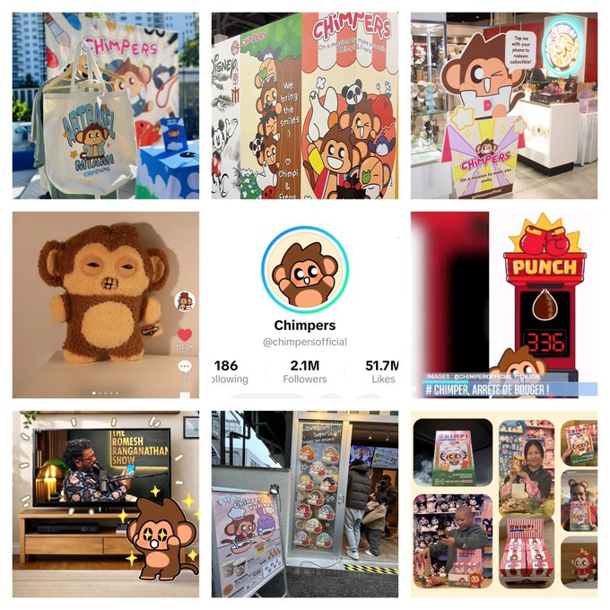 A collage showcasing 'Chimpers' NFT brand merchandise including bags, plush toys, stickers, and displays, alongside social media stats showing 186 following, 2.1M followers, and 51.7M likes.