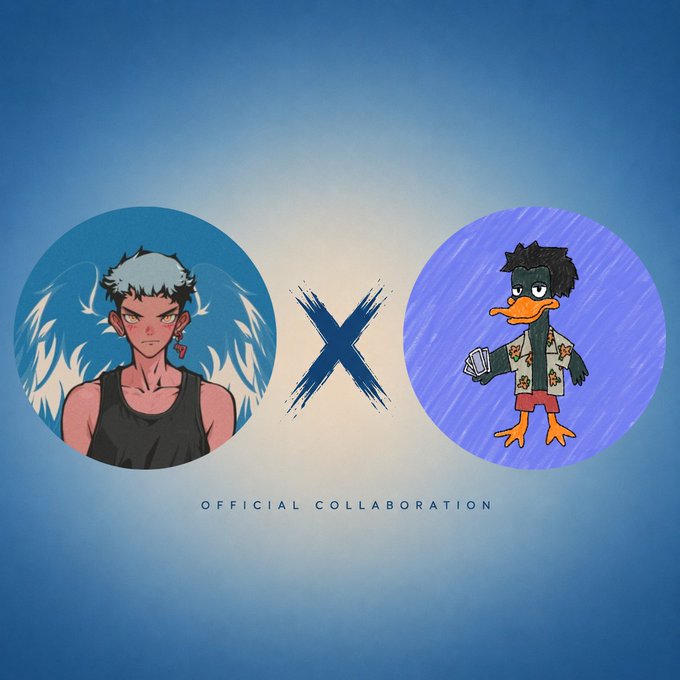 Promotional graphic announcing an official collaboration giveaway between the two featured characters, with the text "OFFICIAL COLLABORATION" displayed beneath a large blue "X" separating the two circular character portraits. The image supports a 48-hour Twitter giveaway where participants can win one of 5 free-mint "GTD Kid Story" NFTs (0% royalties) by following both creators, liking and retweeting, and submitting their EVM wallet.