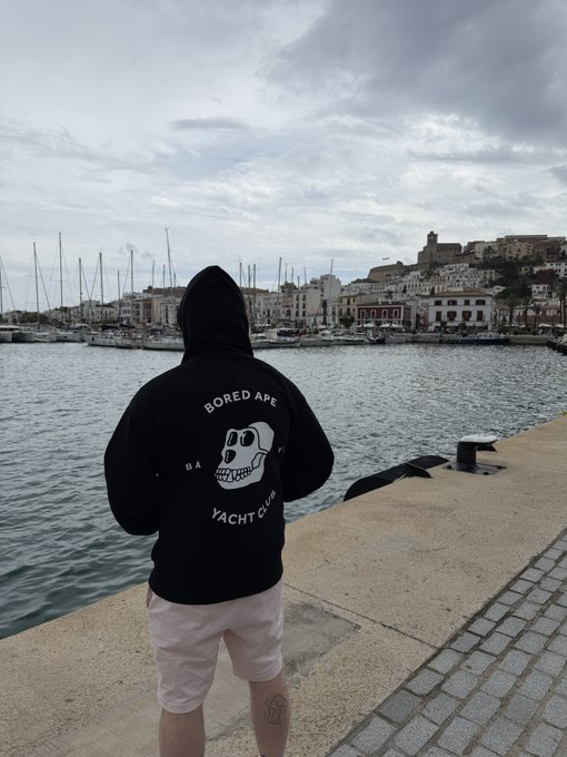A person wearing a black 'Bored Ape Yacht Club' hoodie stands with their back to the camera, overlooking a harbor filled with sailboats and a coastal town with a castle.
