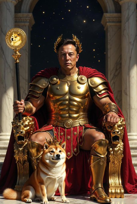 In the image, a man dressed in a golden suit of armor sits on a throne with his dog by his side. The man holds a staff in one hand while wearing a crown on his head. The caption "The Doge Father" is written above the man and below the dog.