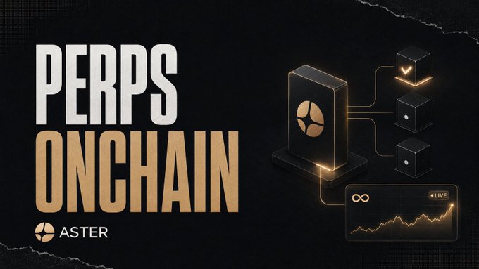 A promotional graphic for 'ASTER' cryptocurrency featuring the text 'PERPS ONCHAIN' alongside a stylized 3D server illustration and a live price chart.
