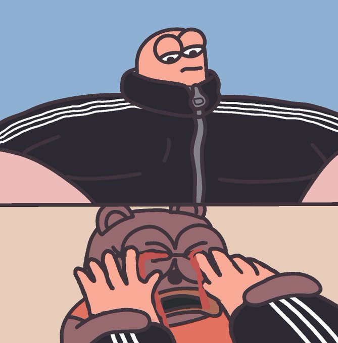 Two-panel cartoon meme featuring a muscular character in a black Adidas tracksuit; the top panel shows him looking stern, and the bottom panel shows a koala-like character crying with hands on its face.
