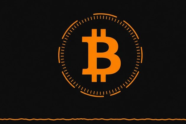 A simple graphic featuring an orange Bitcoin (₿) symbol inside a dashed circular border against a black background, with an orange audio waveform line at the bottom.