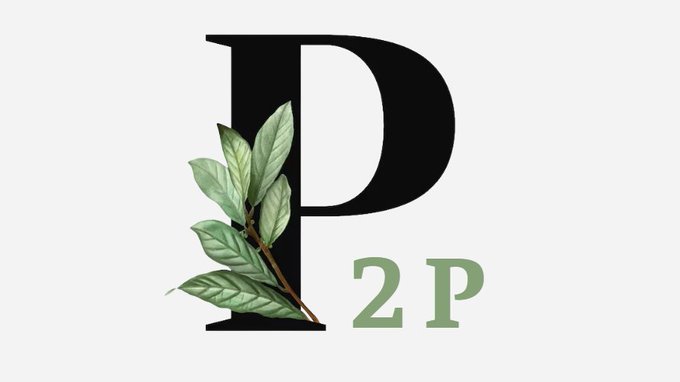 A logo design featuring a large black letter 'P' with green leaves on its left side and '2P' written in green on the right, all on a white background.