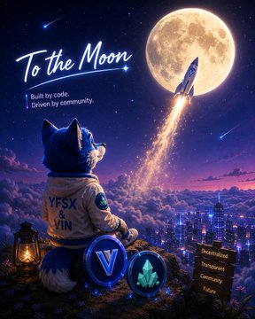 An artistic 'To the Moon' promotional poster showing a cat in a 'YFSX & YIN' spacesuit watching a rocket fly past the moon, with text reading 'Built by code, driven by community' and cryptocurrency logos at the bottom.