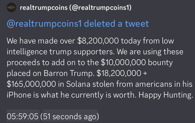 A tweet from @realtrumpcoins1 is shown, claiming they made over $8,200,000 from "low intelligence trump supporters" and added it to a $10,000,000 "bounty" on Barron Trump, referencing $165,000,000 in Solana allegedly stolen. The post humorously highlights a brazen scam targeting Trump supporters in the meme coin market, showcasing how deceptive projects openly mock their victims.