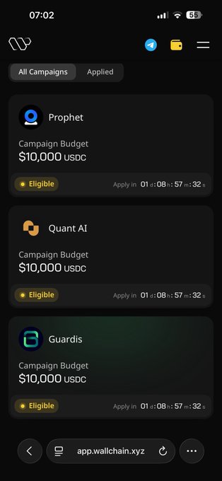 The image shows a phone screen with three different app icons displayed at the top of the screen. The first icon is for an app called "Campaign Budget", the second one is for an app named "Guardris", and the third one is for an app called "Quant AI". Below these icons, there are descriptions of each app in white text. The post also mentions that if someone follows the @wallchain project, they can submit their articles to be written for the newly launched projects.