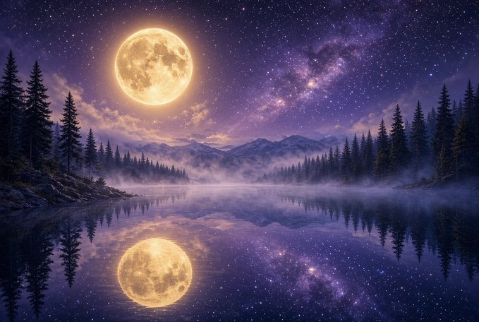 A vibrant, fantastical landscape featuring a large glowing full moon and the Milky Way in a starry night sky, perfectly reflected in a calm lake surrounded by silhouetted pine trees and distant mountains.