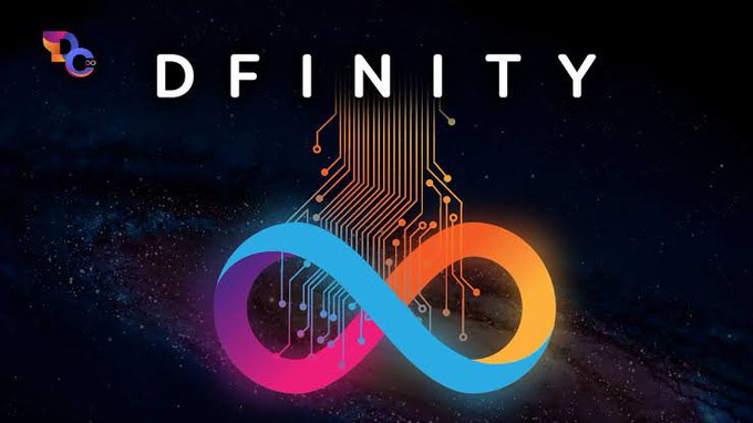 Digital artwork with the text 'DFINITY' above a glowing rainbow-colored infinity symbol with circuit board patterns on a starry space background.