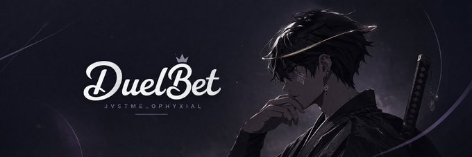 A dark anime-style illustration of a character with a sword, featuring the 'DuelBet' logo with the text 'JVSTME_OPHYXIAL'.