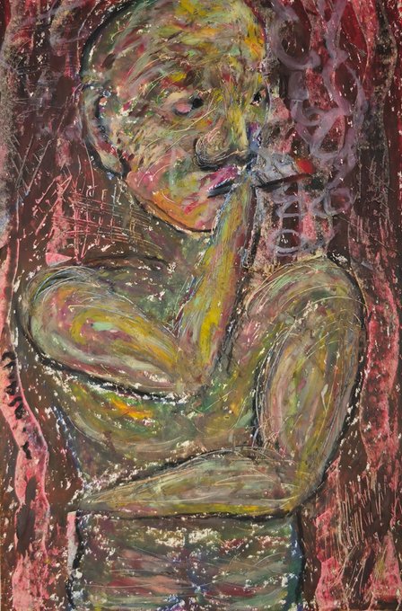The image features an abstract painting of a man with his arms crossed over his chest, holding a cigarette between his fingers. The painting has a dark background that contrasts with the lighter colors used for the figure's arms and legs. The artist has also added splatters of red paint around the edges to create a sense of depth and texture in the piece. The post reads "NEW DROP" and "give it a minute", which could be interpreted as an invitation to take one's time with the artwork or appreciate its unique style.