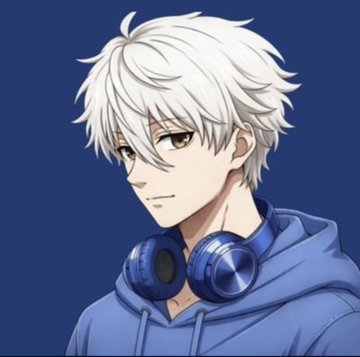 An anime-style illustration of a white-haired young man wearing a blue hoodie with blue headphones around his neck, set against a dark blue background. The character doesn't appear to directly relate to the post, which discusses social media reach, follower count, and recommends other content creators on the platform.