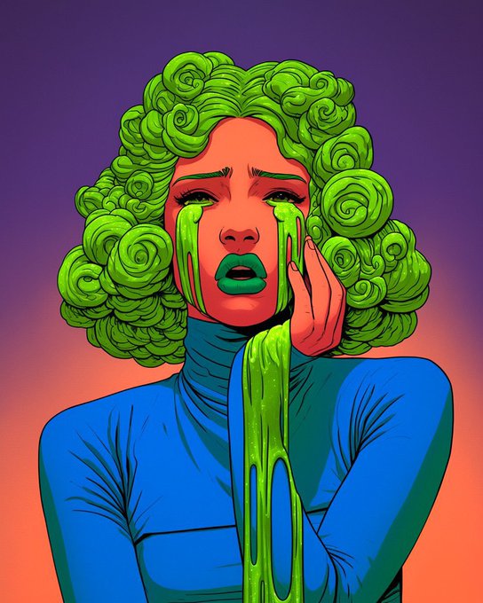 A vibrant pop-art style illustration features a woman with green rose-like hair and red skin crying bright green liquid against a purple-to-orange gradient background.