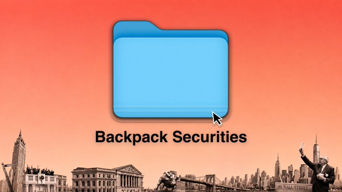 A digital graphic displays a blue folder icon with a cursor pointing to it, above the text 'Backpack Securities' against an orange cityscape background.