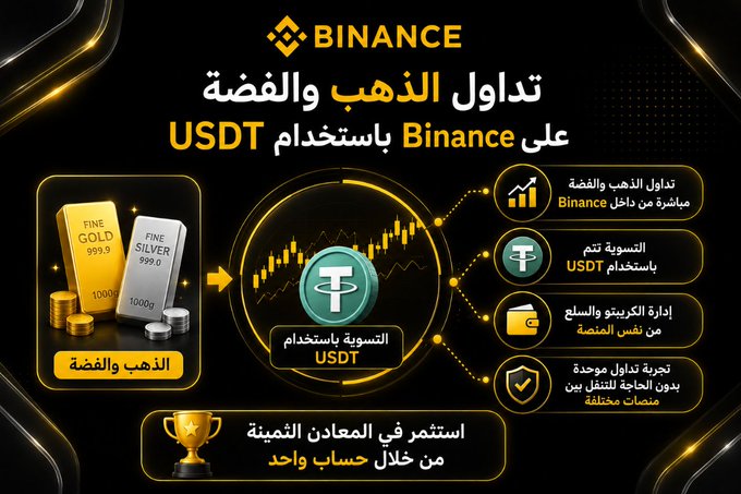 This Arabic-language Binance promotional graphic announces the trading of gold and silver using USDT, featuring imagery of gold/silver bars and coins labeled "FINE GOLD 999.9" and "FINE SILVER 999.0." Key text highlights direct trading via Binance, USDT settlement, portfolio management from the same place, and a single account for multiple precious metals markets.