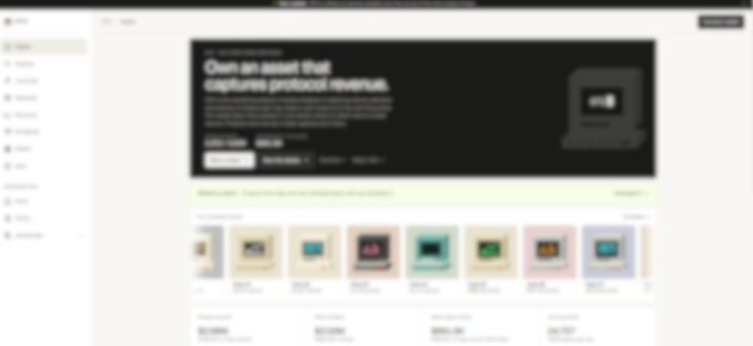 A blurred screenshot of the OTC Protocol website homepage features a dark hero banner reading "Own an asset that captures protocol revenue," accompanied by a grid of colorful desk listings and a left-side navigation menu, visually reflecting the post's announcement of a full site redesign and the introduction of "Desks" as revenue-capturing assets now listed on Magic Eden and OpenSea.