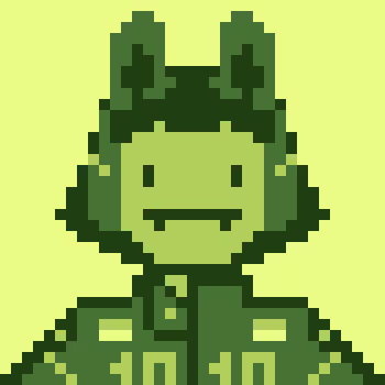 A pixel art avatar of a character in military-style green gear with a helmet, set against a light green background.