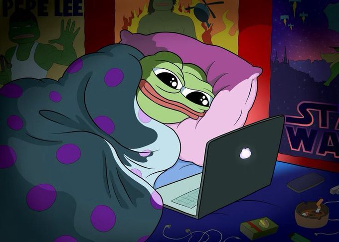 An illustration of Pepe the Frog in bed using a laptop, with Star Wars posters visible on the walls behind him.