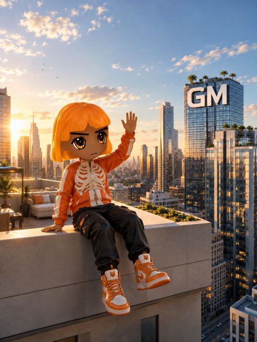 3D chibi-style animated character with orange hair wearing a skeleton hoodie and orange sneakers, sitting on a rooftop ledge waving, with a city skyline and GM building visible in the background at sunset.
