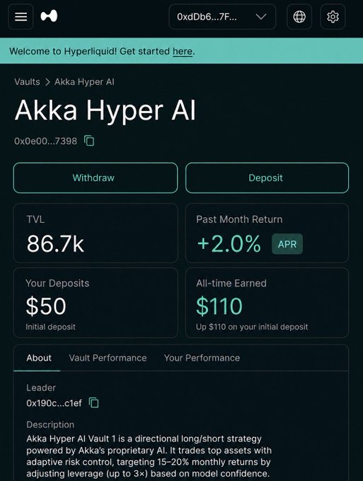 A mobile screenshot of the Hyperliquid cryptocurrency platform showing the "Akka Hyper AI" vault page. Key metrics include a TVL of "86.7k", a "Past Month Return" of "+2.0% APR", "Your Deposits" of "$50", and "All-time Earned" of "$110".