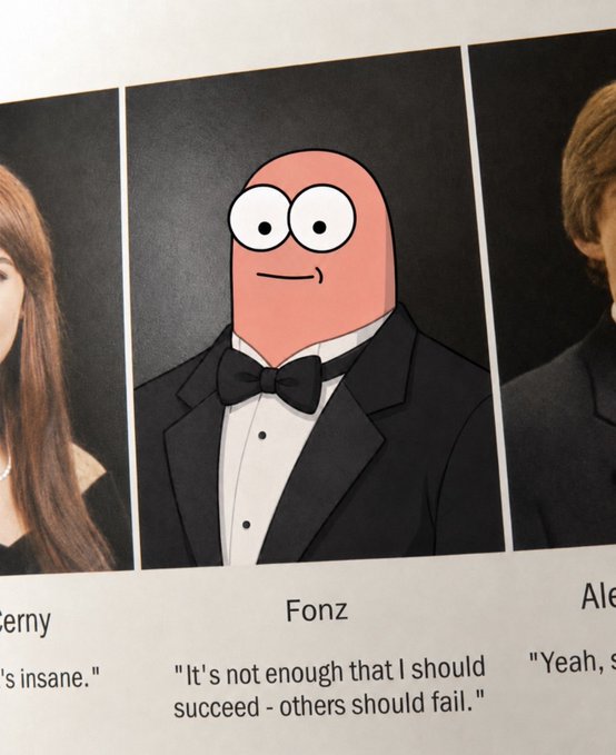 A duplicate of image 6 - a yearbook-style page showing a cartoon pink character labeled 'Fonz' in a tuxedo with the quote 'It's not enough that I should succeed - others should fail.'