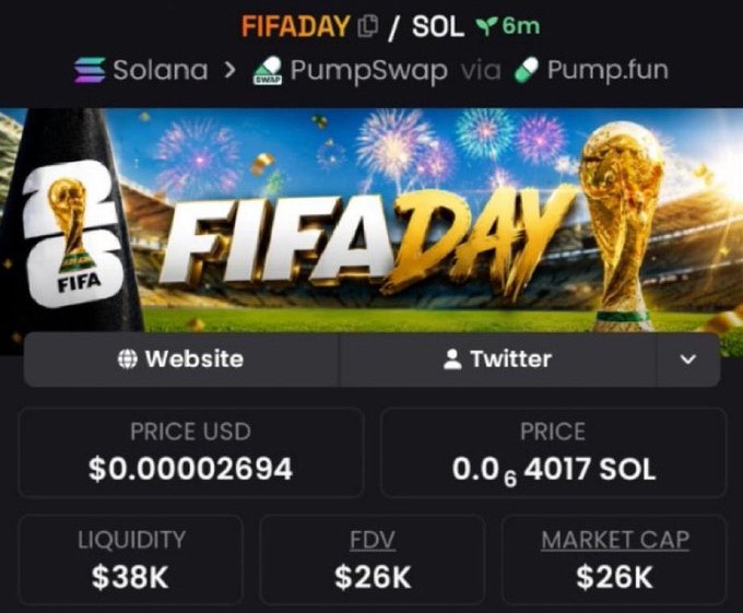 The image features a promotional poster for an event taking place on a soccer field, specifically named "FIFAday", which appears to be a trading session. The background of the photo includes a large soccer goal with a gold trophy positioned next to it. A banner below the image displays information about a website that sells tokens for participation in this event. One of the key points emphasized is the market cap value of these tokens, indicating their potential profitability.