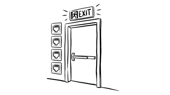 The image features a black and white line drawing of an open door with a "EXIT" sign above it, indicating that the building has an exit or emergency exit. The door is located next to three picture frames, which are arranged vertically on either side of the door. The text in the image reads "Bear markets are for building A contribution I made to @secondhq just shipped. More composability for builders = lower barrier to Bitcoin adoption." This message seems to be related to a post about Bitcoin and its potential impact on the economy, as indicated by the use of the word "building" in the text.